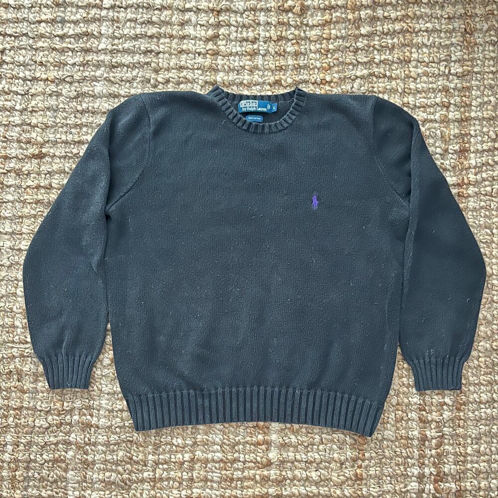 Vintage Polo Ralph Lauren Black Cotton Crewneck Sweater Purple Logo  L Preppy